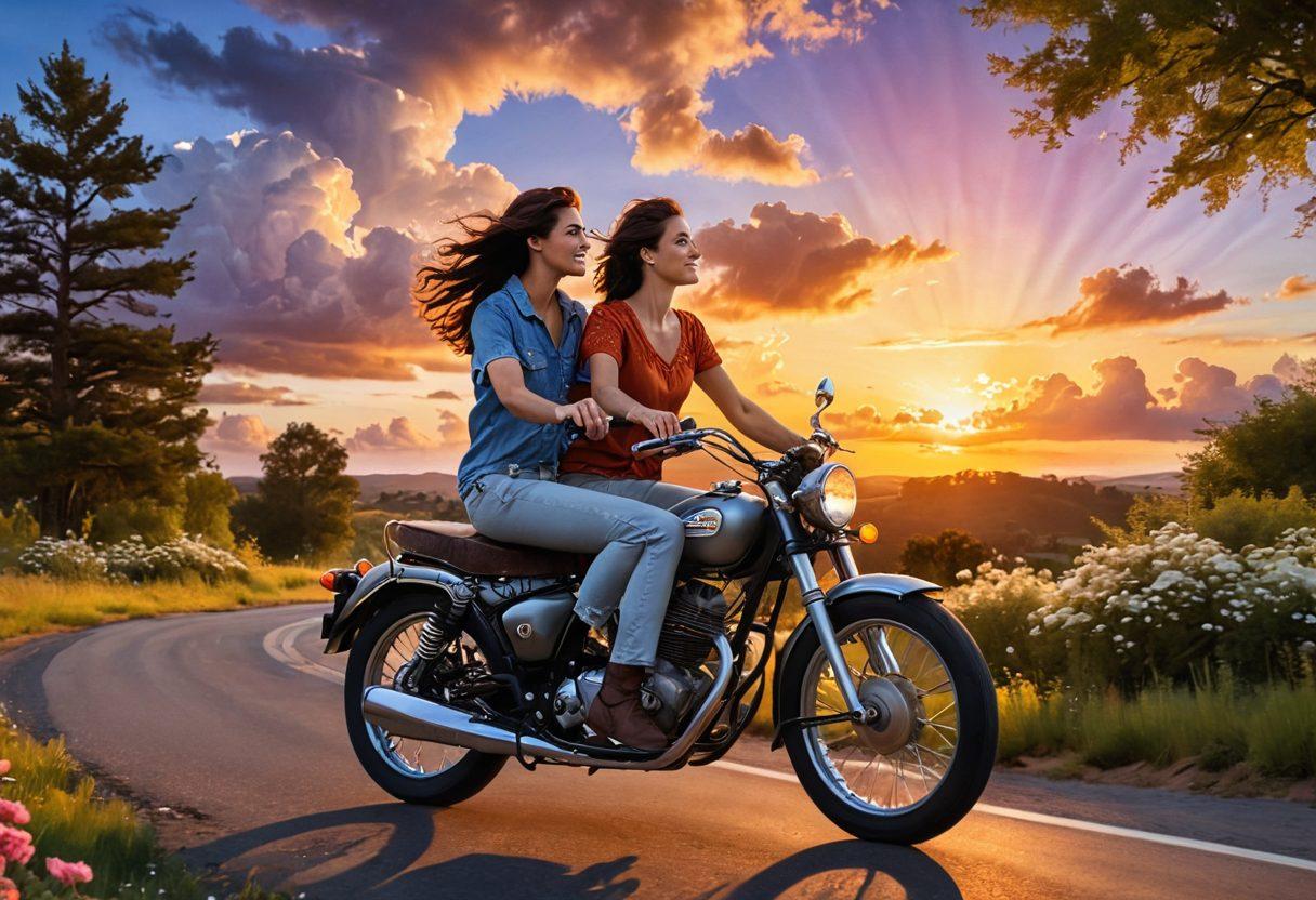 A couple riding an 85cc bike under a sunset sky, showcasing their joyful expressions and connection as the wind blows through their hair. The bike should have a vintage design, adorned with flowers in the basket, symbolizing romance. The background features a winding road lined with trees, suggesting adventure and intimacy. Add heart-shaped clouds in the sky for a whimsical touch. super-realistic. vibrant colors. romantic atmosphere.