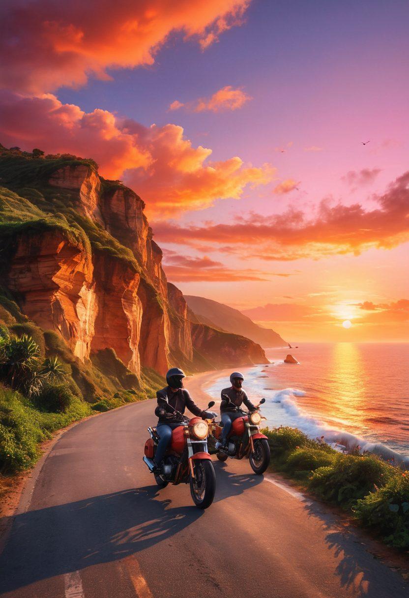 A romantic scene featuring a couple riding lightweight motorbikes along a winding coastal road during sunset. The backdrop showcases a vibrant orange and pink sky reflecting on the ocean, while the couple shares a joyful moment, smiling and leaning towards each other. The motorbikes should be sleek and modern, emphasizing freedom and adventure. Add lush greenery on the cliffs to enhance the romantic atmosphere. super-realistic. vibrant colors. dreamy sunset.